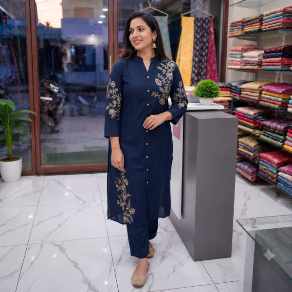 Navy Blue Floral Kurta Set - alternate view - Flair Designs