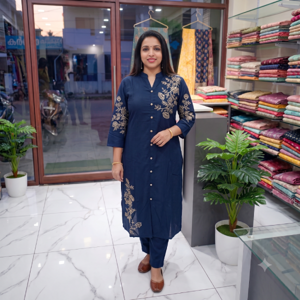 Navy Blue Floral Kurta Set