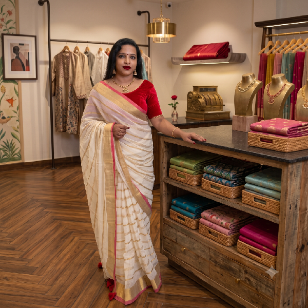 Ivory Red Elegance Mul Cotton Saree